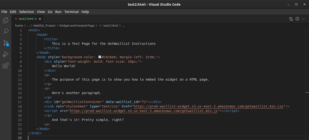 Pasting the code snippet into an editor