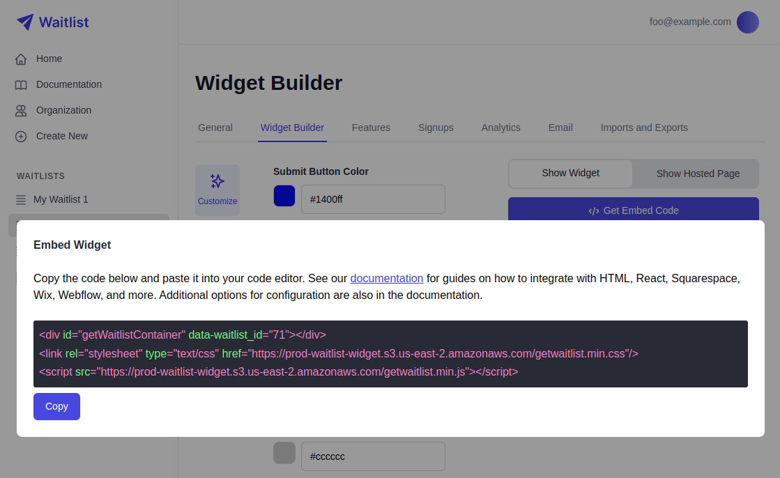 Waitlist dashboard: copy code from widget builder