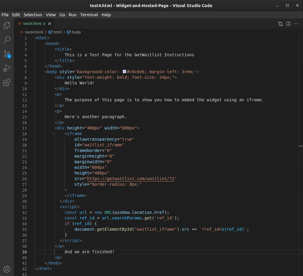 Pasting the iframe into a code editor