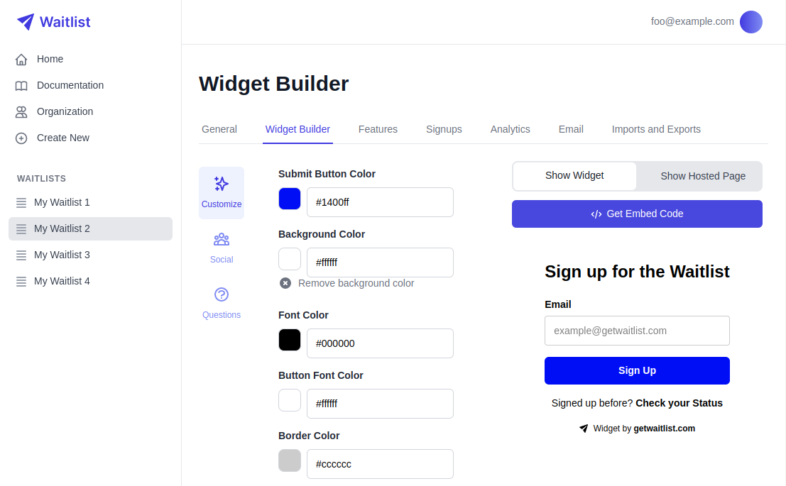 Waitlist dashboard: widget builder interface